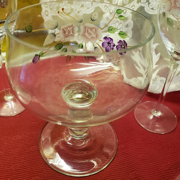 2 Vtg Handpainted Crystal Long Stem Wine Glasses & Covered Chalice Roses